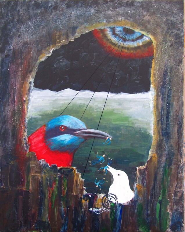 Paintings - mixed media, red bird feeding white young with figures in moonlit cave